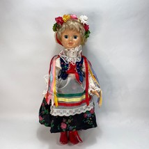 European Ethnic Dressed Sleepy Eye Vinyl Doll Short Blond Hair Ribbons 18&quot; Tall - £12.46 GBP