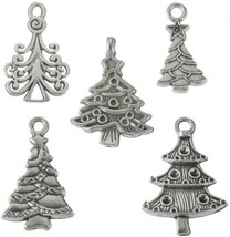 8 Christmas Tree Charms Antique Silver Pendants Findings Holiday Set Assorted - £3.86 GBP