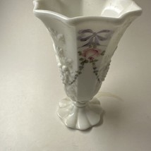 Westmoreland Milk Glass Vase Grape Reliefs W/Hand Painted Ribbons &amp; Roses H: 6&quot; - £20.58 GBP