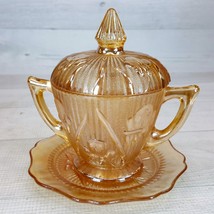 Vintage Jeannette Marigold Carnival Glass Iris Floral Sugar Bowl w Lid &amp;... - $19.39