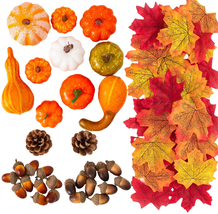 2 Pcs Assorted Mini Artificial Pumpkins And Gourds Maple Leaves Pine Cones NEW - £10.35 GBP