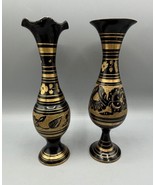 Vtg Pair Black Gold Brass Tone Metal Floral Etched Vases Decorative Home... - $732.01 MXN