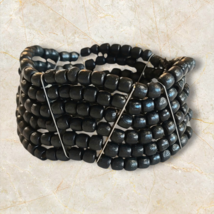 Vintage Black Wood Bead Zig Zag Stretch Chunky Boho Bracelet - £6.68 GBP