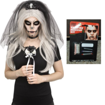 Womens Halloween 5 Pc Black White Skeleton Bride Veil Choker Bouquet Makeup Kit - £19.78 GBP