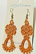 Earrings Drop Dangle Golden Tan Lil*Girl Creations Machine Embroidered 2 1/2 - £11.65 GBP