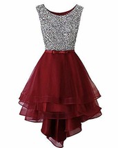 Kivary Vintage Beaded High Low Sheer Organza Prom Evening Formal Dresses Burgund - £93.60 GBP
