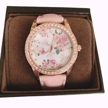 Charming Charlie Pink Floral Face Rhinestone Bezel Quartz Movement Watch - £26.10 GBP