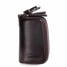 Leather Key Holder Double Zipper Car Keys Case Men Women Solid Vintage Keychain - £16.53 GBP