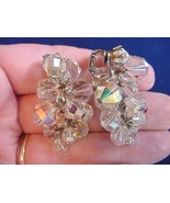 VE-7) Vintage Aurora Borealis Austrian crystal cluster dangle clip earrings - $20.49 CAD