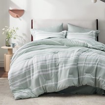 Bed In A Bag King Size 7 Pieces, Sage Green White Striped Bedding Comforter Sets - £95.11 GBP