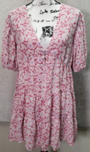Sabo Mini Dress Womens Size 0 Pink Floral Polyester Pleated Lined V Neck Button - £20.41 GBP