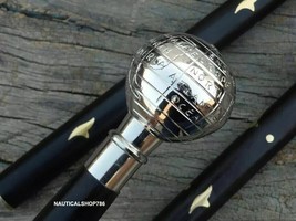 Designer Brass Silver Globe Head Handle Wooden Vintage Style Walking Stick Cane - £29.33 GBP