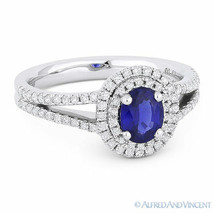 1.28 ct Oval Blue Sapphire &amp; Diamond Pave Halo Engagement Ring in 18k White Gold - £2,438.28 GBP