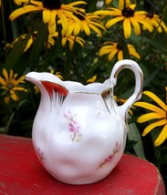 Antique Small White Thumbprint Porcelain Ceramic Creamer Gold Pink Flower Swags - £18.61 GBP