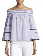 Parker Largo Striped Off Shoulder Blouse 100% Cotton Blue Red Stripes Si... - $19.79