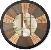 Wood Mirror Wall Decor Hanging Rustic Round Circle Mounted Home Vanity Bathroom - £32.89 GBP