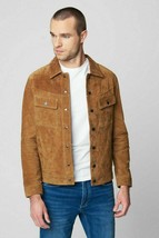 Mens Brown Suede Leather Jacket Trucker Lambskin Suede Mens Leather Jacket #8 - £113.05 GBP