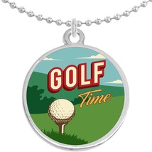Golf Time Vintage Poster Round Pendant Necklace Beautiful Fashion Jewelry - £8.45 GBP