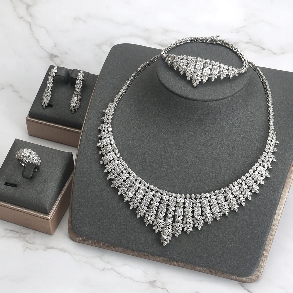 Hot Elegant Jewelry Sets Cubic Zirconia Bridal Necklace Earrings Bracelet Ring D - £163.50 GBP