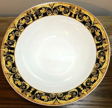 Vintage Valetta Black Serving Bowl 9” Lynns Fine China Black Yellow Scrolls - $7.50