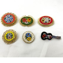 VTG Lot of 6 Mid-Century Italian Micro Mosaic Oval Flower Brooches Floral Guitar - £47.77 GBP