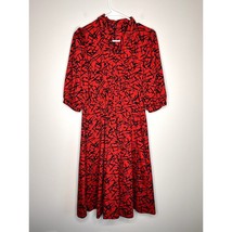 Vintage 1980s Red Black Abstract Lines Secretary Balloon Sleeve Midi Dre... - $32.00