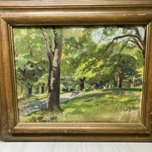 Vtg Impressionist Orig Oil on Canvas Board City Park with People Benches Trees - £129.27 GBP