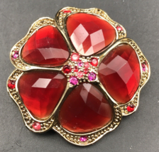 Liz Claiborne LC Red Floral Rhinestones Five Petal Silver Tone Brooch Pin 1.75" - $13.99