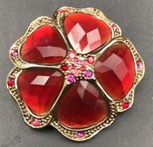 Liz Claiborne LC Red Floral Rhinestones Five Petal Silver Tone Brooch Pi... - £11.14 GBP