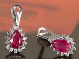2.50Ct Pear Cut Simulated Ruby Halo Drop/Dangle Earrings 14K White Gold Finish - £121.07 GBP