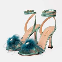 The Siena Turquoise Leather Ankle Strap Plumed Women Sandal Final Sale! image 2