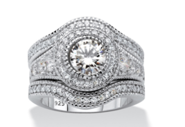 Round Cz Vintage Inspired Bridal 3 Ring Set Platinum Sterling Silver 6 7 8 9 10 - £237.04 GBP