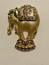 Gold Tone Elephant Brooch Pin Rhinestones Red Green - £7.59 GBP