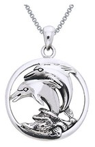 Jewelry Trends Sterling Silver Double Jumping Mother and Baby Dolphin Circle Pen - £49.47 GBP