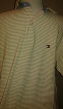Vtg 90&#39;s Tommy Hilfiger Beige Striped Short Sleeved Polo Shirt Sz Small - £27.77 GBP