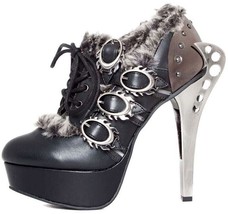 Hades MONARCH Black Vegan Ankle Boots Fur Buckle Industrial 5&quot; High Heel 6-11 - £147.76 GBP