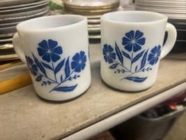 SET OF 2 Vintage HAZEL ATLAS Blue Corn Flower Mugs White Milk Glass -stacking - £11.68 GBP