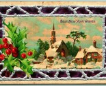 Best New Years Wishes Holly Cabin Scene Silver Foil Frame Embossed Postc... - $3.91