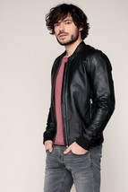 Leather Jacket Men Black Bomber Pure Lambskin Size S M L XL XXL Made to Measure - £114.23 GBP