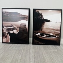 Large Wall Art Set of 2 Framed Pieces Sepia Row Boat Lake Cabin Fishing ... - $62.88