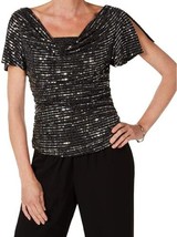 R&amp;M Richards Womens Petites Sequined Ruched Blouse,Black/Silver,Small Pe... - $58.41