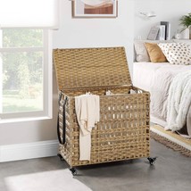 Tan PP Rattan 3-Basket Laundry Hamper Sorter Cart with Removable Cotton Bags - £126.77 GBP