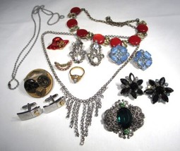 Vintage Costume Jewelry Lot Rhinestones Earrings, Necklace Cuff Links C3737 - £38.72 GBP