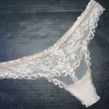 Victoria&#39;s Secret S THONG Pink Beige Nude Embroidered LACE ANGEL FANTASIES - £31.06 GBP