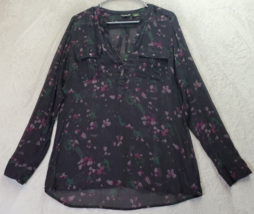 Eddie Bauer Blouse Top Womens Large Multi Floral Sheer Long Sleeve V Neck Button - $18.43