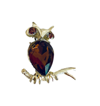 Vintage Dodds Owl Brooch Pin Amber Crystal Eyes Body Gold Tone Setting - £19.05 GBP