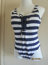 Woman&#39;s Swimsuit  Mossimo Size L One Piece Blue Stripe Fully Lined Tummy Control - £6.72 GBP
