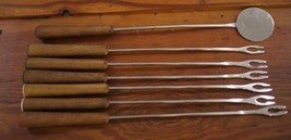 Set 6 Vintage Mid Century Modern Teak Stainless Steel Fondue Forks + Cut... - $29.99