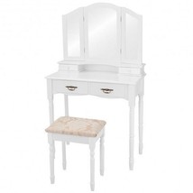Simple Vanity Set with Tri-Folding Mirror Drawers and Storage Shelf-White - Colo - £137.97 GBP