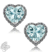 2.89 CT Halo Heart Aquamarine Stud Earrings 14K WG Plated 925 Sterling Silver  - £34.00 GBP